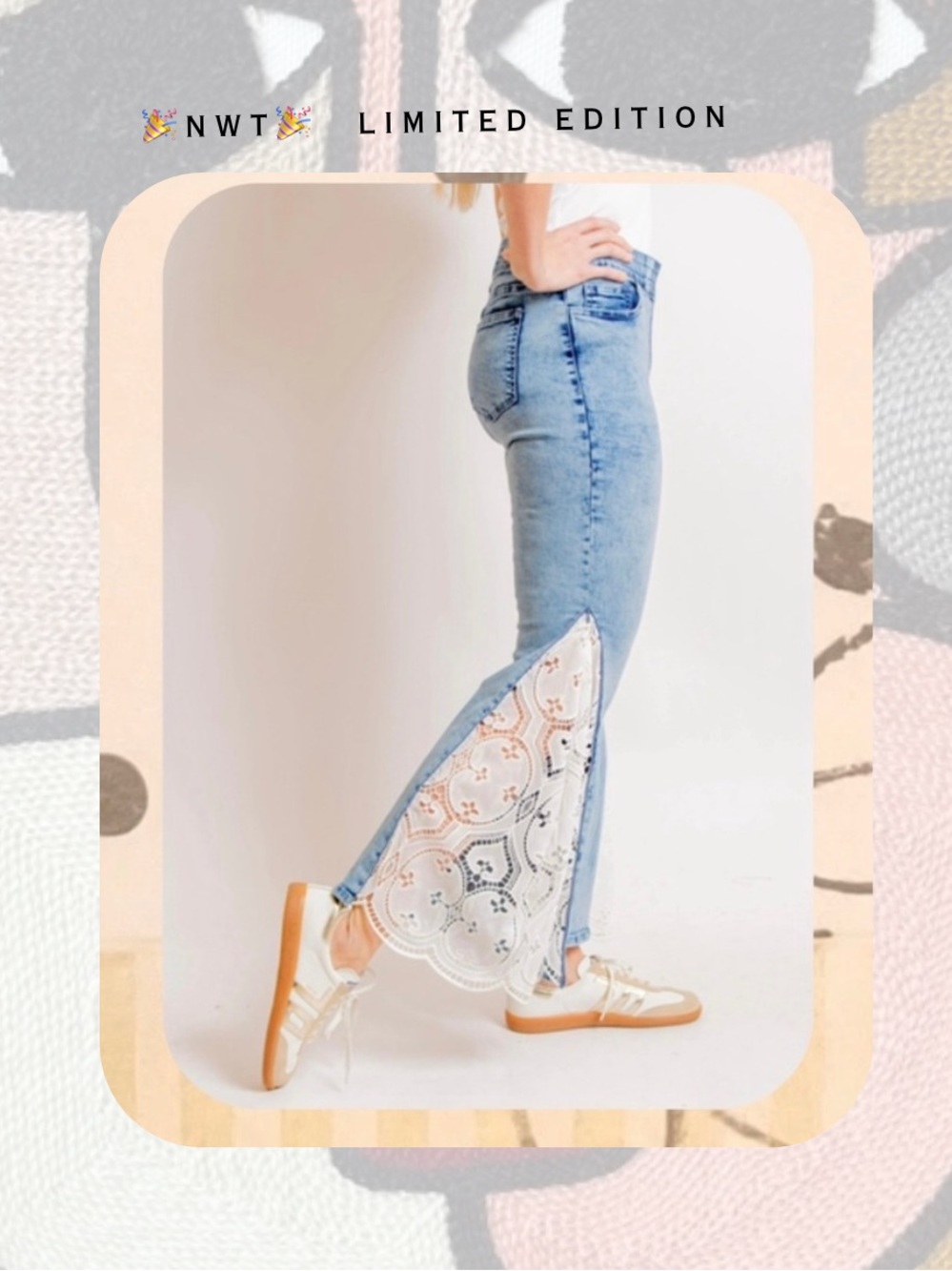NWTπ Azi Brooke Light Denim Flare White Eyelet Lace Jeans